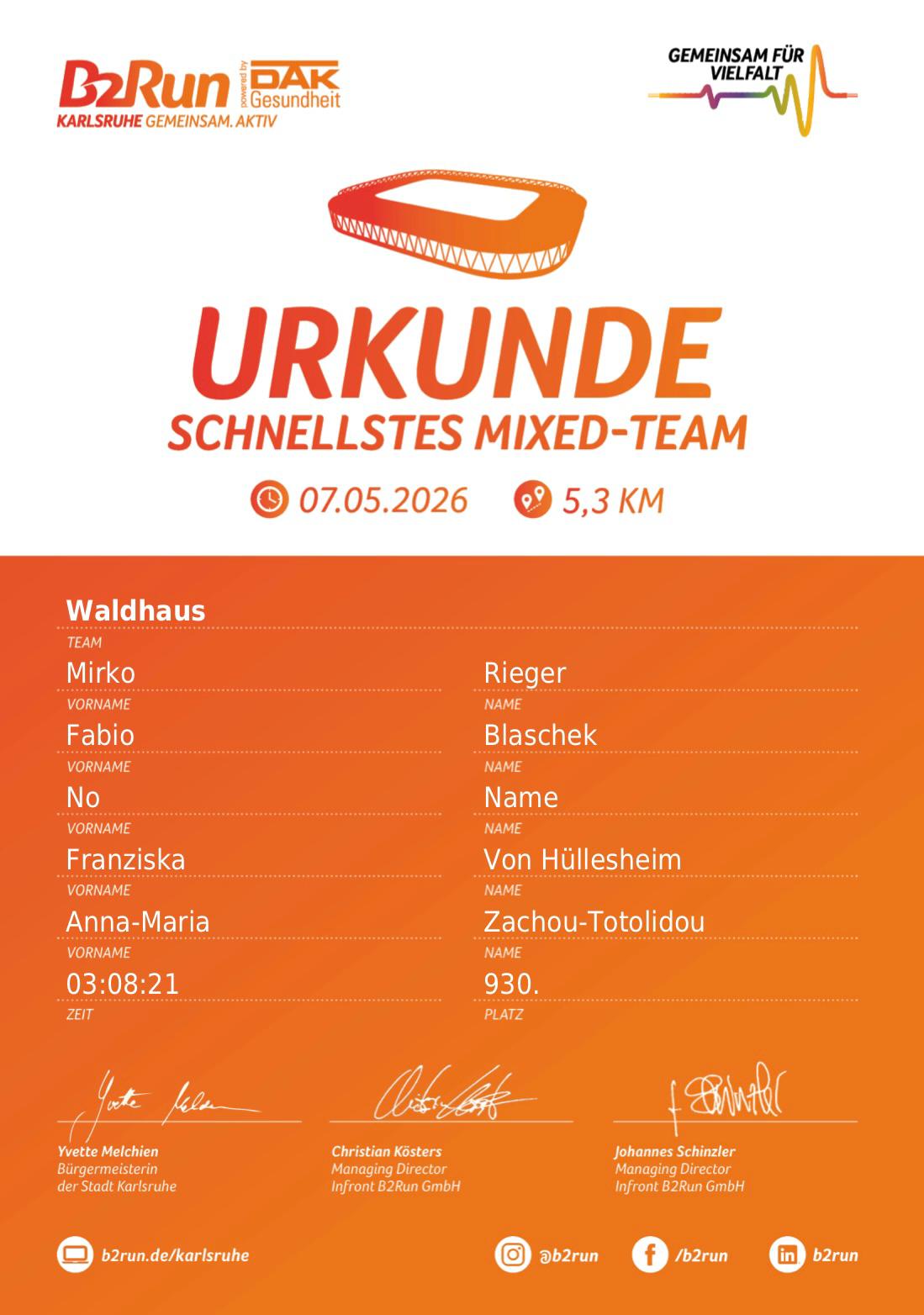 B2RUN Karlsruhe 2026: schnellstes Mixed-Team aus dem Waldhaus!